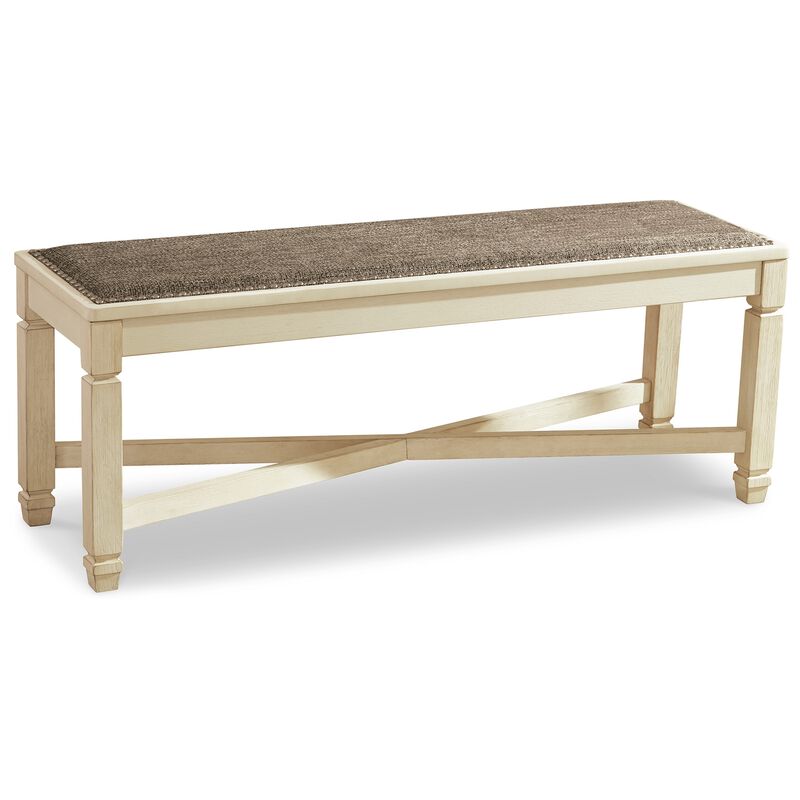Bolan Large Dining Bench with Heavy Woven Fabric, White Wood, 50 Inch - Benzara