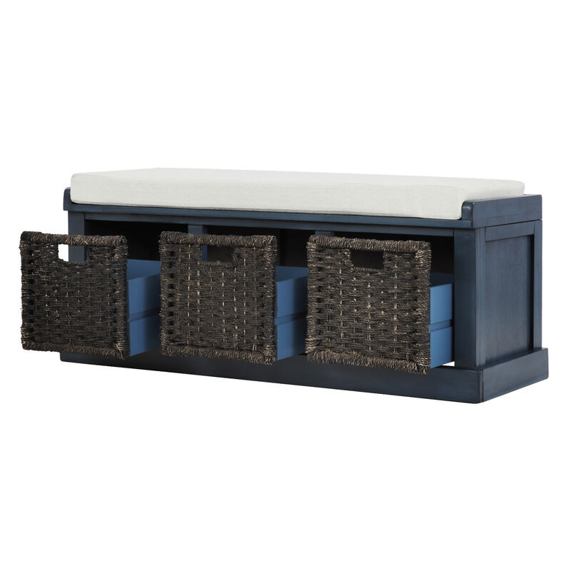 Rustic Storage Bench With 3 Removable Classic Rattan Basket, Entryway Bench