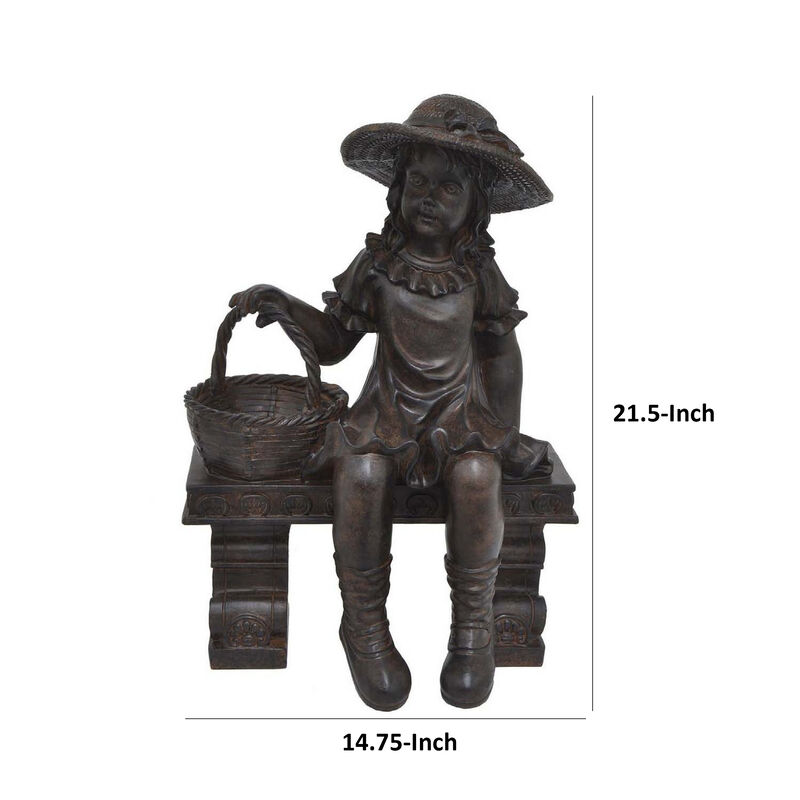 Darin 22 Inch Girl on Bench Figurine, Garden Statue Resin, Textured Brown - Benzara
