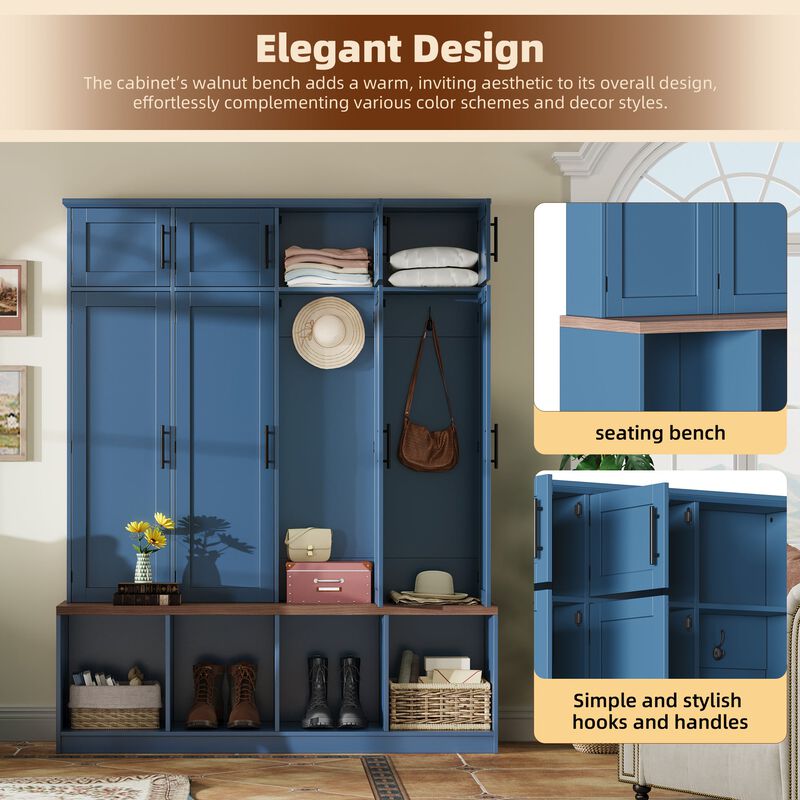 Farmhouse Hall Tree with Hidden Hooks, Walnut Bench, 8 Door Entryway Shoe Cabinet, Open Storage