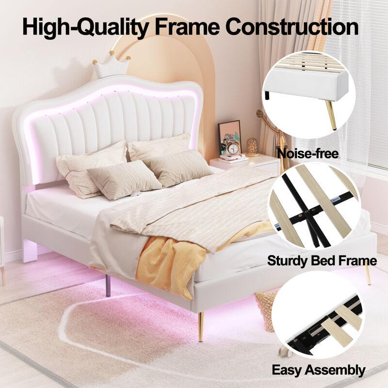 Queen Size Upholstered Bed Frame with LED Lights, Modern Upholstered Princess Bed With Crown Headboard, White