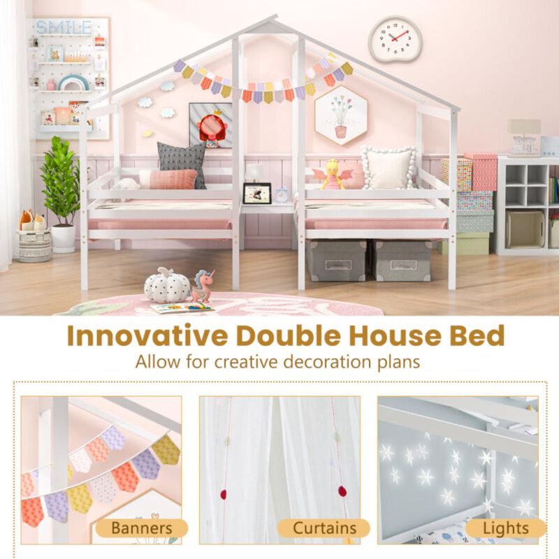 Hivvago Double Twin Size Wooden Bed Frames with Built-in Table for Kids