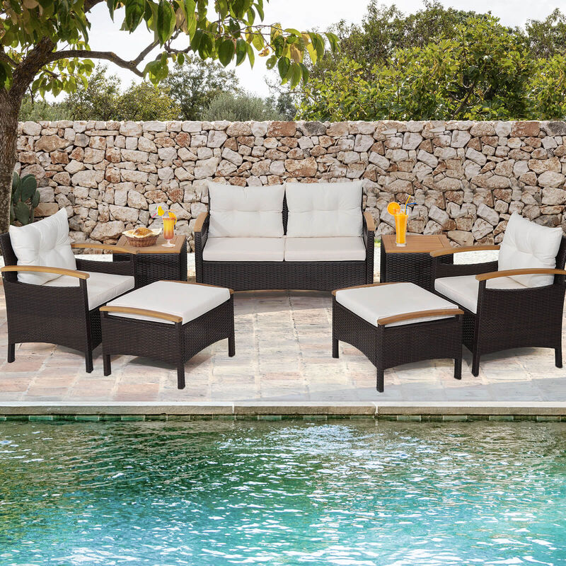 7 Piece Rattan Patio Sofa Set with Acacia Wood Tabletop and Armrests