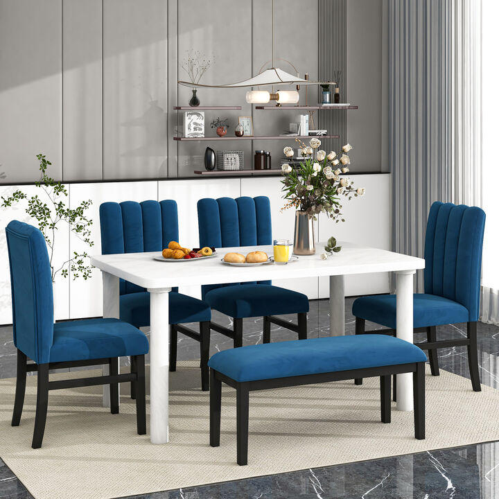 6-Piece Dining Table Set with Marble Veneer Table and 4 Flannelette Upholstered Dining Chairs & Bench