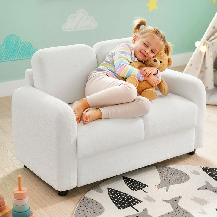 2-Seat Toddler Sofa Couch with Soft Teddy Fabric and Wooden Support