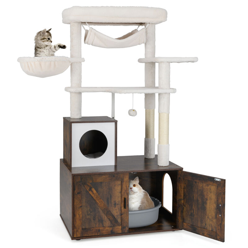 Cat Tree with Litter Box Enclosure for Indoor Cats and Resting Areas-Rustic Brown image number 3