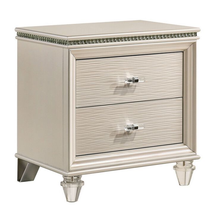 Nightstand with Textured 2 Drawers and Acrylic Legs, Pearl White-Benzara