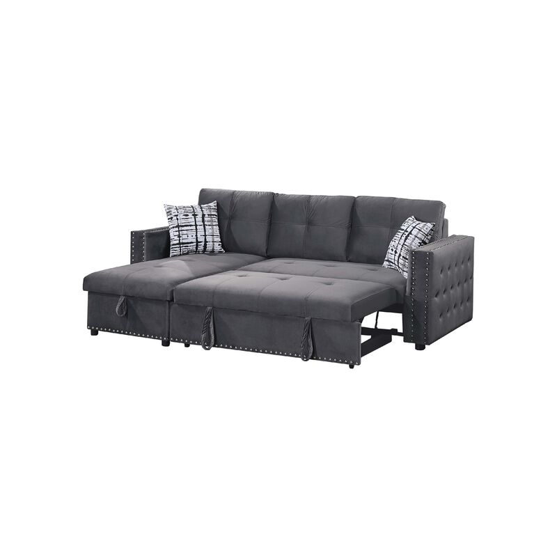 Ero Convertible Sectional Sofa, Storage Chaise, 2 Pillows, Gray Velvet - Benzara
