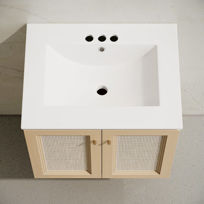 24" Wall-Mounted Bathroom Vanity, Natural Oak, Centerset Faucet Holes Vanity Top image number 2