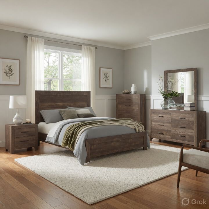 King Size Bedroom Set, Brown Finish, Panel Design, 5-Piece Set with Bed, 2 Nightstands, Dresser and Chest