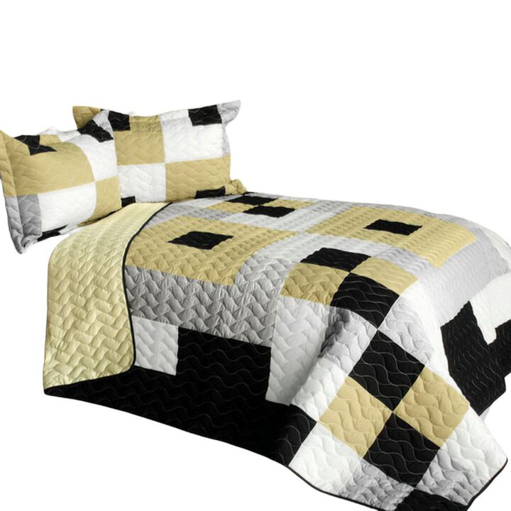 Queen Size 3 Piece Patchwork Quilt Set Vermicelli Quilted Cozy Bedspread Set