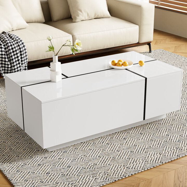 Clihome 47.2''-72.7'' Extendable Coffee Table, Multi-Functional Coffee Table with High-Gloss Finish, Coffee Table with 2 Hidden Storage Space and 2 Drawers for Living Room