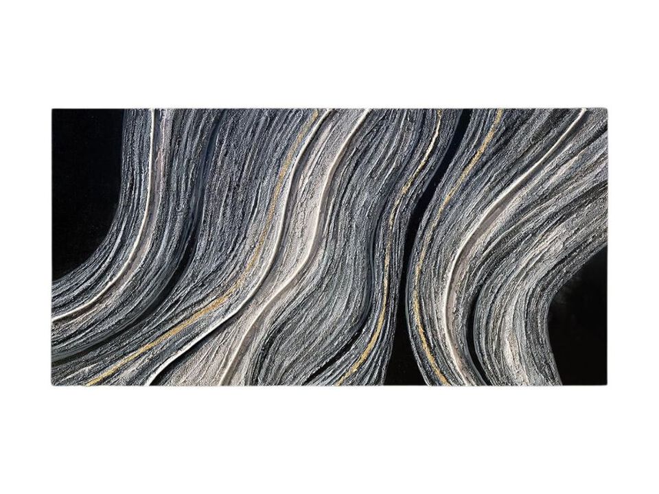 Contemporary Abstract Canvas Wall Art Black White Gold Linear Painting 29"x58"