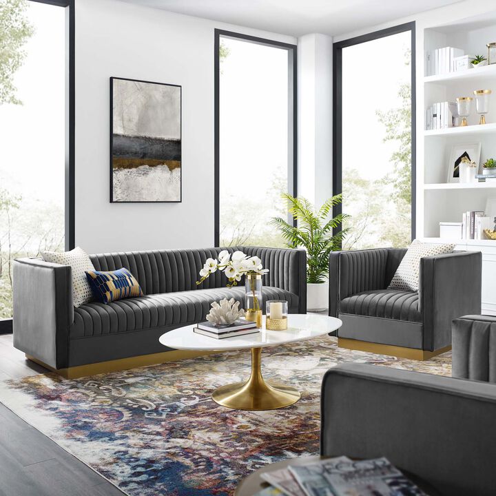 Vertical Channel Tufted Upholstered Performance Velvet Sofa and Armchair Set
