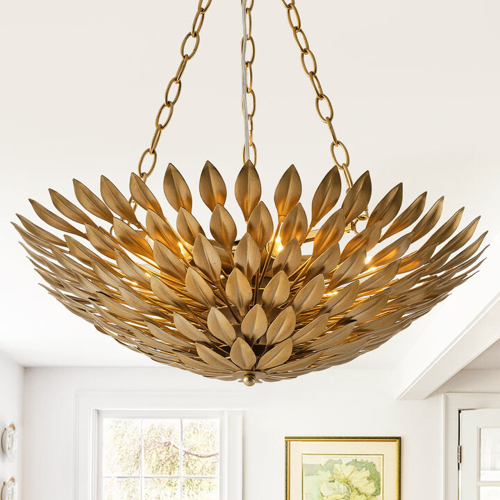 22" 6-Light Gold Modern Leaf Chandelier for Bedroom, Living Room, Entryway