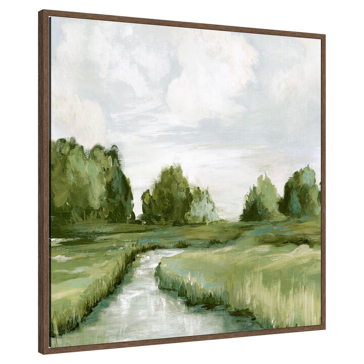 Tranquil Stream Through Green Fields by PI Studio Framed Canvas Wall Art