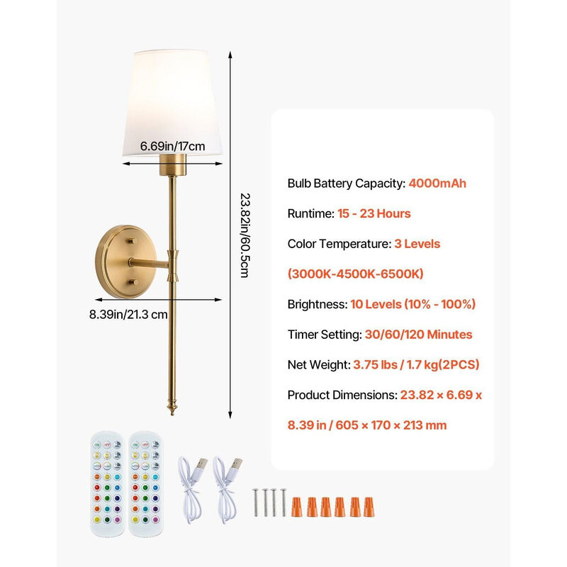 Rechargeable Battery Wall Lights Set of 2 with Remote, 30 Modes & 12 RGB Colors-Gold image number 2