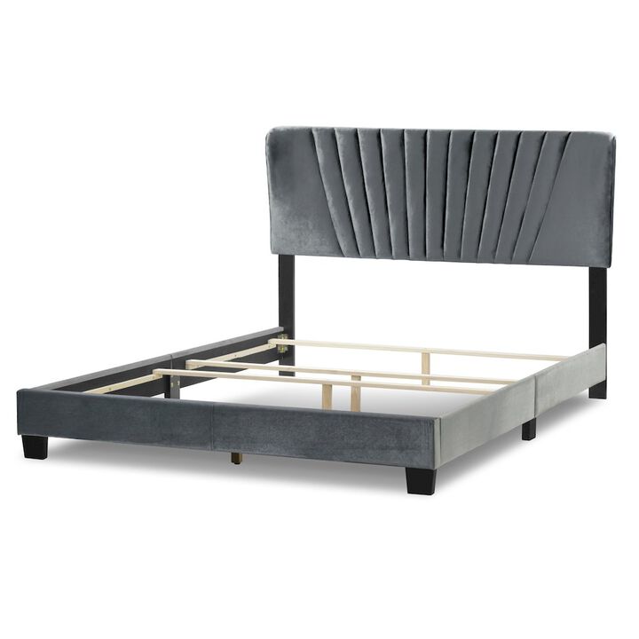 Glamour Home Autumn Silver Gray Velvety Fabric Queen Bed with Decorative Stitching