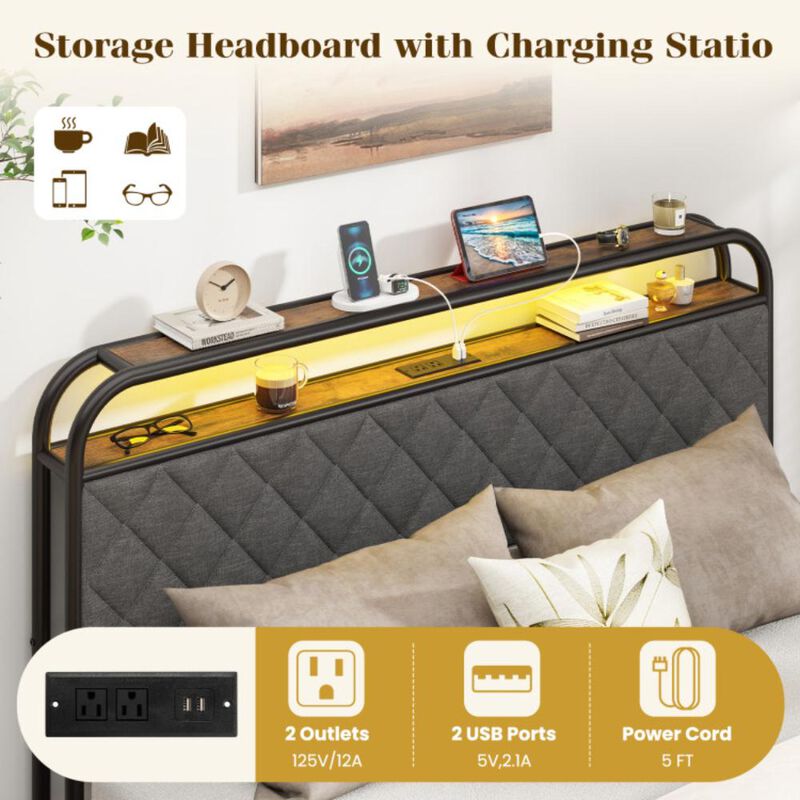 Hivvago Bed Frame with LED Lights and Charging Station-Queen Size