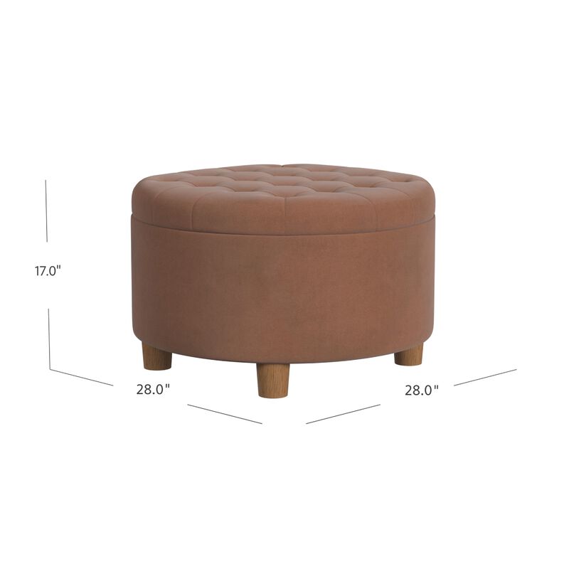 Jo Storage Ottoman, 28 Inch Round Tufted Lift Top, Spice Brown Velvet