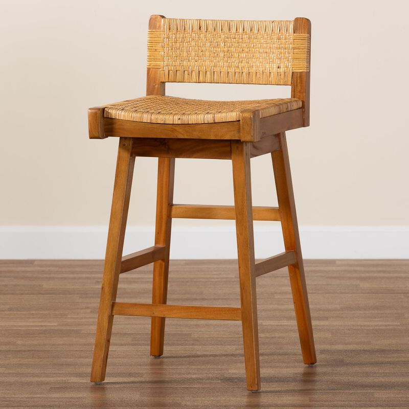 bali & pari Asgart Bohemian Seagrass and Mahogany Wood Bar Stool