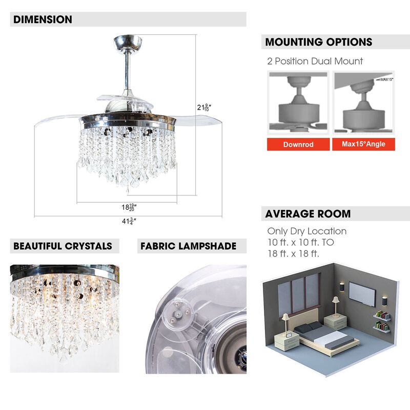 42" Modern Chrome Crystal Ceiling Fan Chandelier with Remote