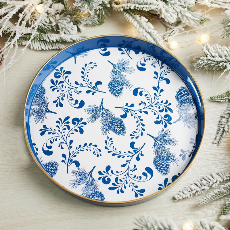Round Tray with Pine Print for Holiday Serving, Table Display, or Decorative Use