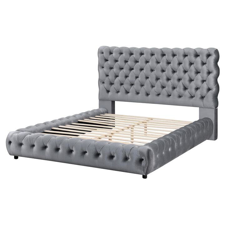 Benjara James King Size Bed, Platform Style, Button Tufted Gray Velvet Upholstery