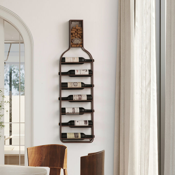Vintiquewise Decorative Wall-Mounted 7-bottle Metal Wine Rack with Mesh Cork Catcher, Stylish Champagne, White, and Red Wine Storage for Living Room, Kitchen, Dining Room, and Bar Décor, Brown