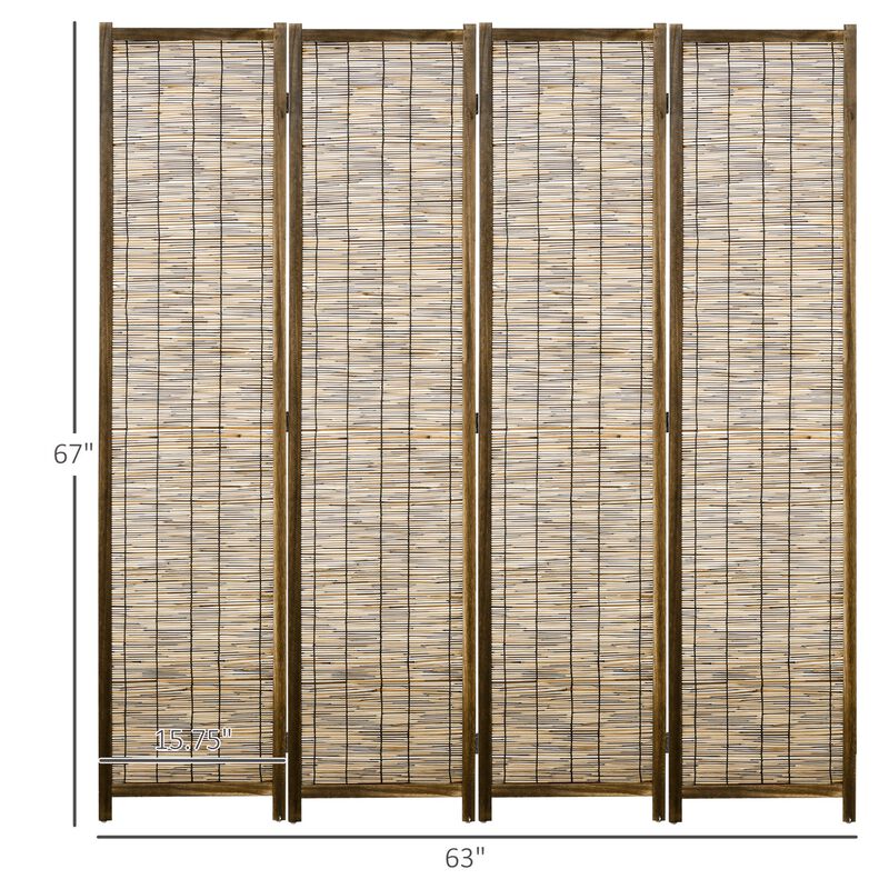 Hand Woven Room Divider, 4 Panel Folding Privacy Screen, Indoor Reed Partition Wall, 63"x67"x0.75", Brown