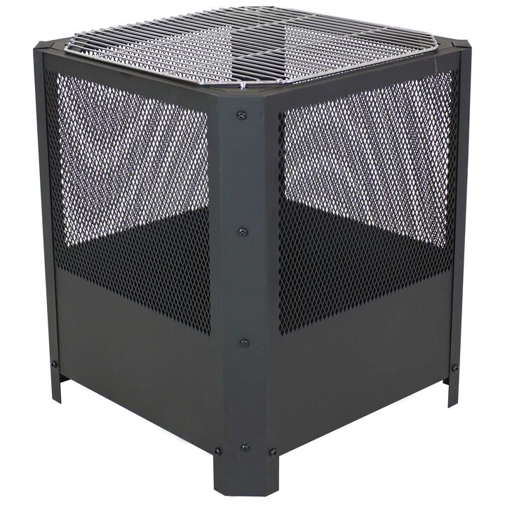 Sunnydaze 16 in Grelha Square Steel Fire Pit with Grilling Grate - Black