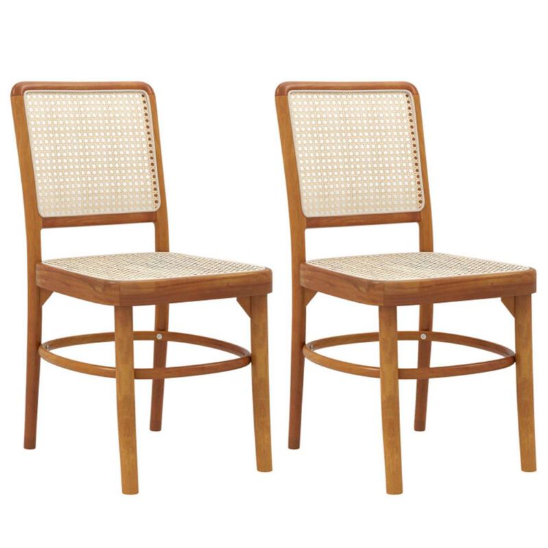 Hivvago Set of 2 Boho Dining Chairs Rattan with Teak Wood Structure and Footrests
