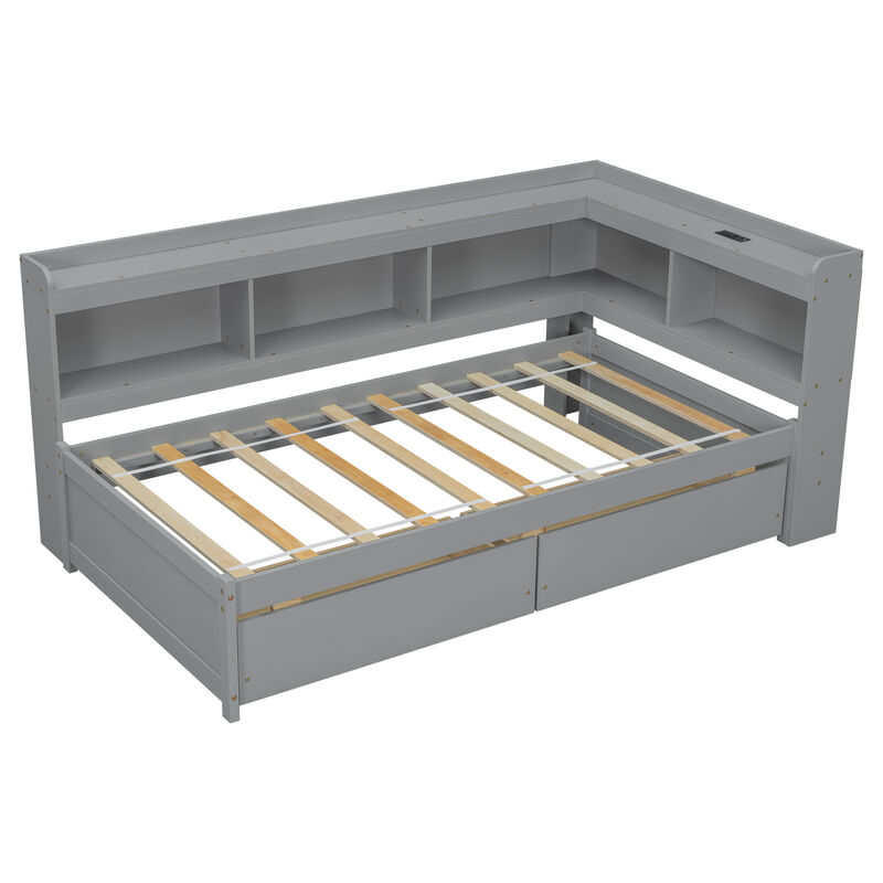 Whisen Twin Size L-shaped Bookcases Bed with Power Outlets, USB Charging Ports,Two Drawers-Grey