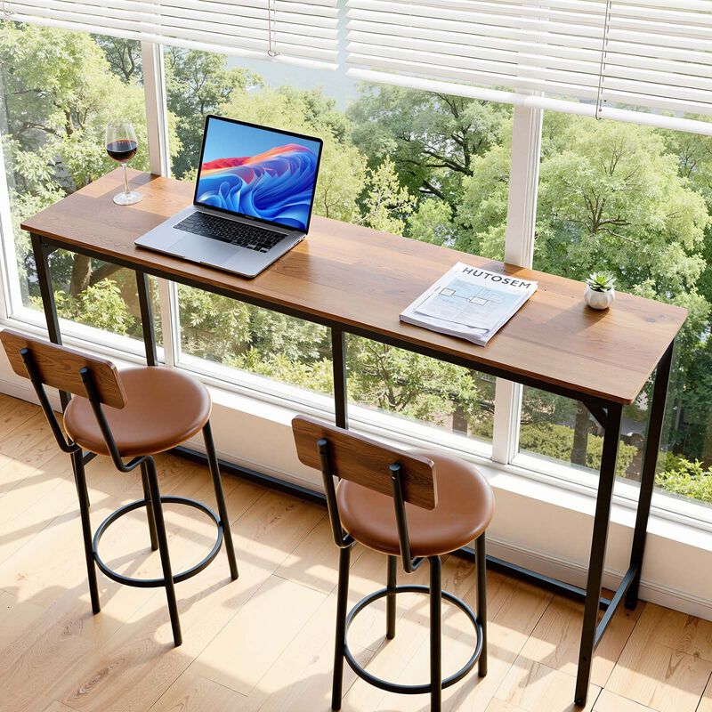 Rectangular 63 Inch Bar Table, Tall Kitchen Dining Table with Rounded Edges, Light Brown Black Finish image number 4