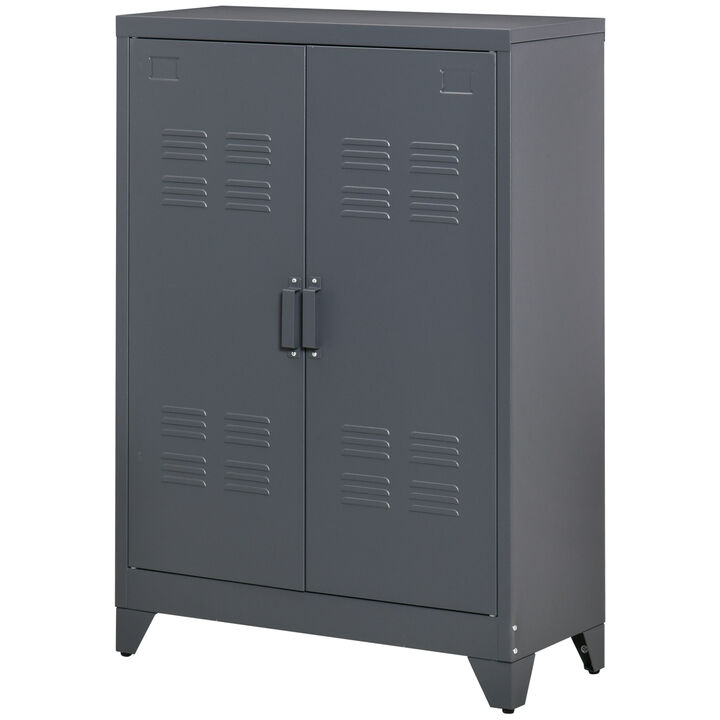 HOMCOM Industrial Storage Cabinet, Steel Garage Cabinet with Double Doors and Adjustable Shelves, Grey