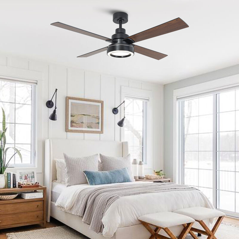 52" Modern Black Reversible 4-Blade Ceiling Fan with Light and Remote