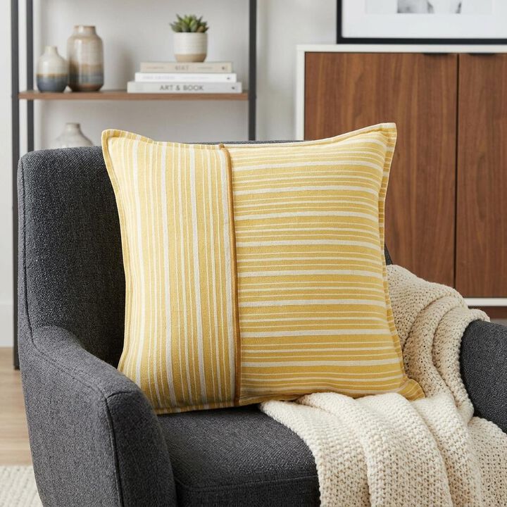 HomeRoots 20" Yellow and White Cotton Pillow With Embroidery Edges