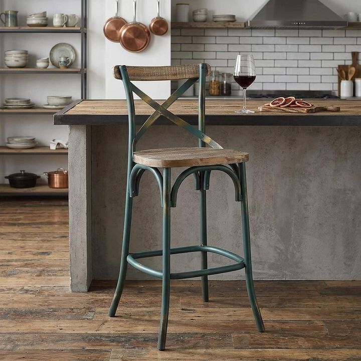HomeRoots 21" Brown And Sky Blue Solid Wood And Metal Bar Chair