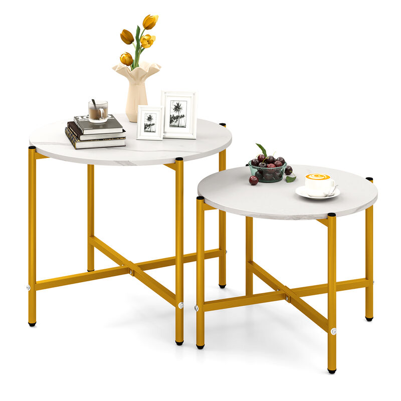 Round Coffee Table Set of 2 &ndash; Heavy-Duty Metal Frame Nesting Tables for Living Room