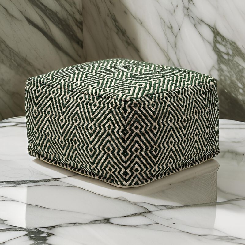 Fena 23 Inch Ottoman Pouf, Woven Pattern, Zipper Cotton Cover Black White - Benzara