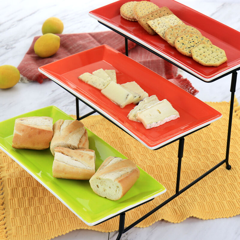 Gibson Home Crenshaw Hand Painted Stoneware 3-Tier Serving Set with Metal Rack in Multicolor