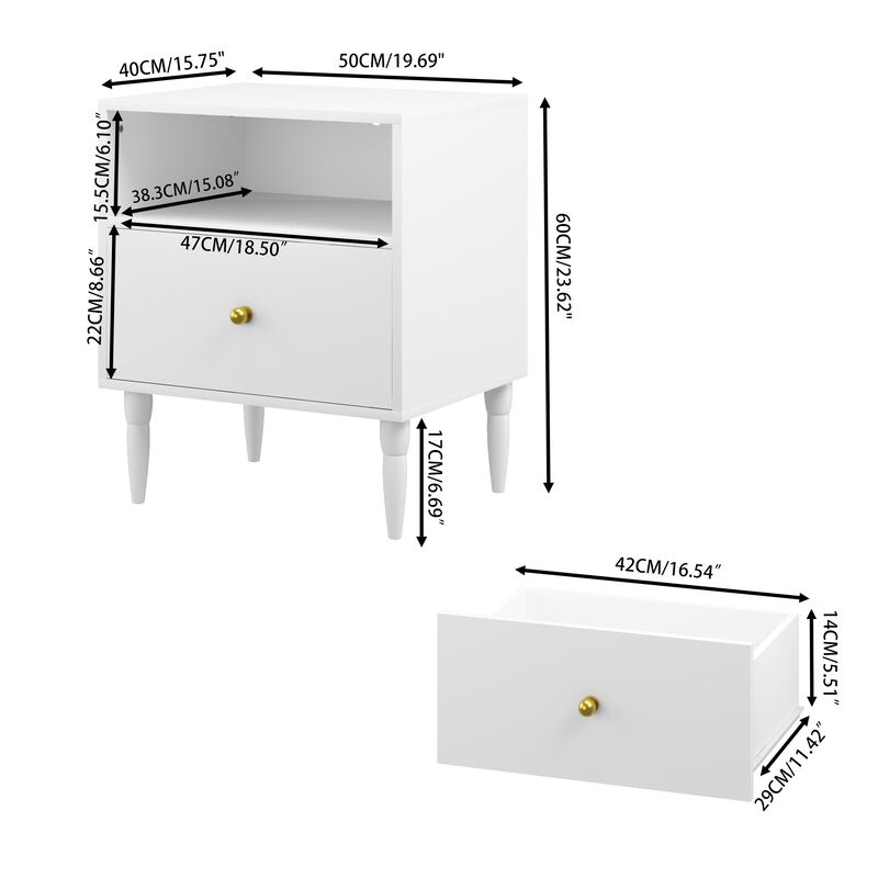 23.6" Assembled White Nightstand 1-Drawer 1-Shelf Gold Knob image number 8