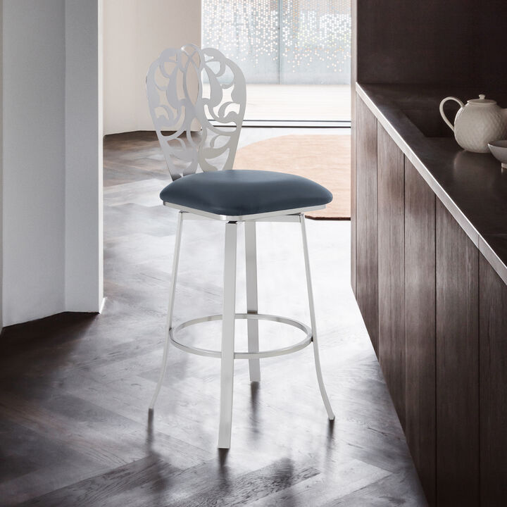 Cherie Contemporary Bar Height Barstool in Brushed Stainless Steel Finish and Gray Faux Leather