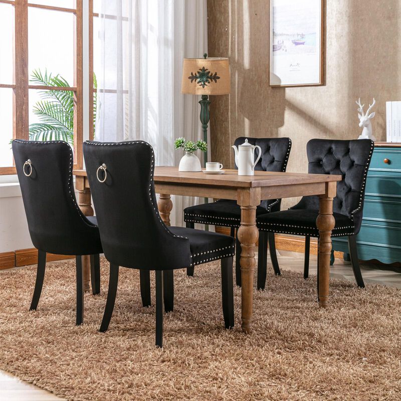 Velvet Upholstered Dining Chairs, Set of 2 &ndash; Tufted Back & Wood Legs