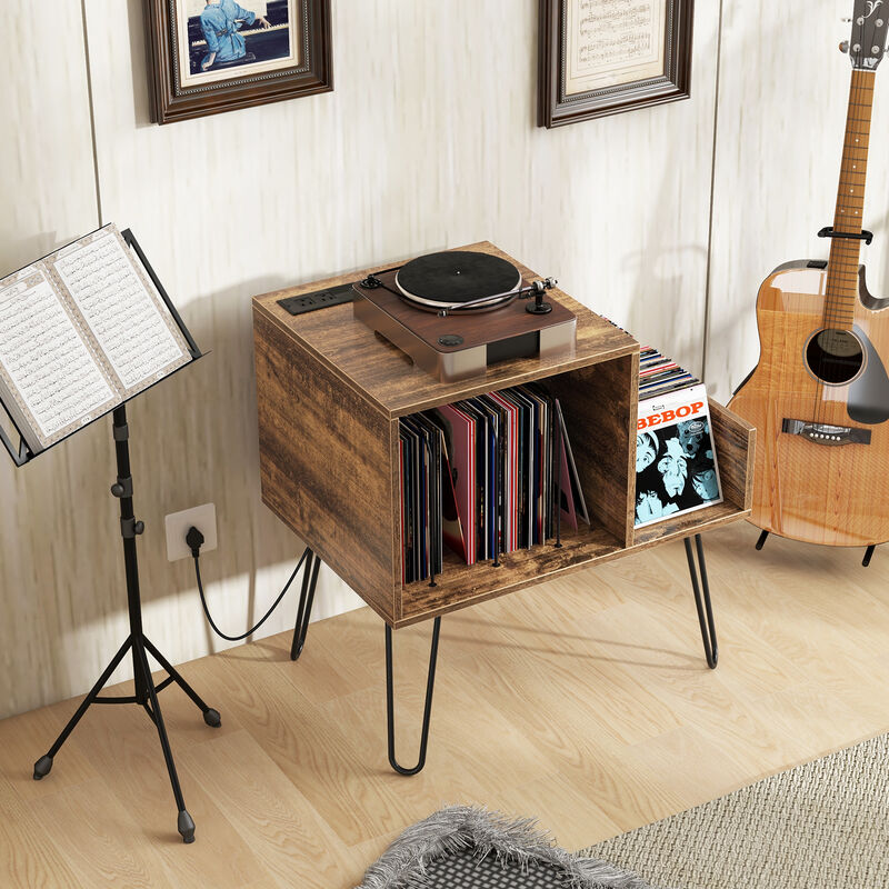 Mid-Century Record Player Stand with Power Outlet and Vinyl Storage Divider