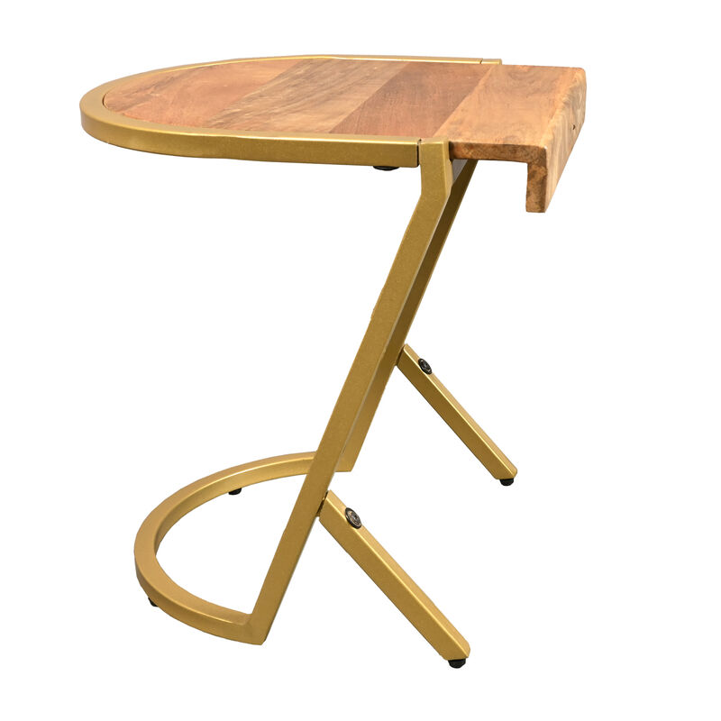 17 Inch Side End C Table, Natural Mango Wood Top with Drop Edge, Iron Gold Angled Frame