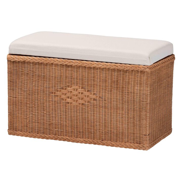 bali & pari Eamon Braided Natural Rattan Storage Bench with Cushioned Lift-Top Lid – Coastal Boho Style Chest for Bedroom, Entryway, or Living Room Organization, 31" Rectangle, Brown