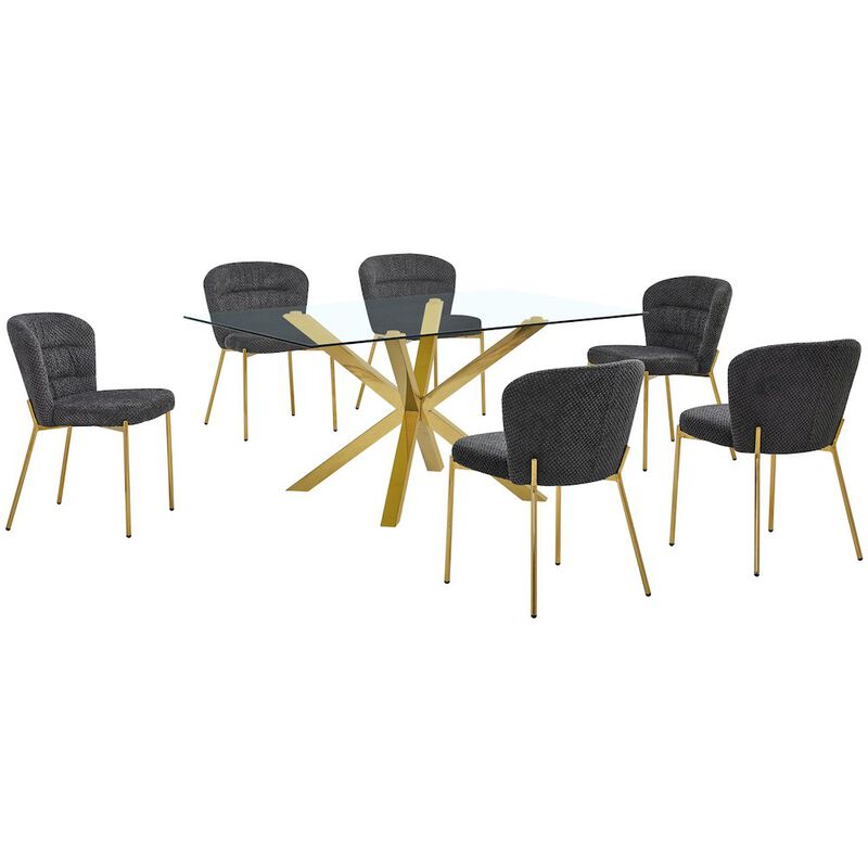 Best Quality Furniture Rectangle Tempered Glass Dining Table With 6 Dark Grey Side Chairs