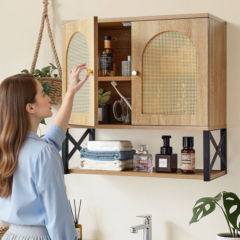 Bathroom Storage Cabinet Wall Mounted with Adjustable Shelf and Open Partition-Brown image number 1