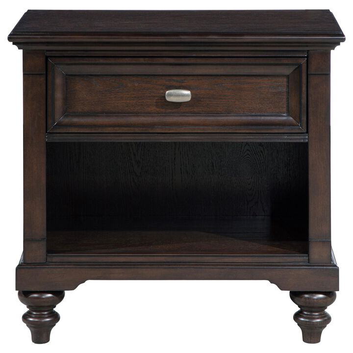 Meon Nightstand w Drawer and Open Cubby Shelf, Dark Oak Brown Wood - Benzara